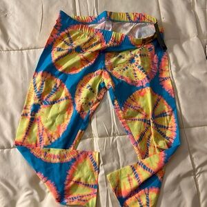 Girls' Bright Blue Tie-Dye Leggings with Neon Yellow & Pink Accents